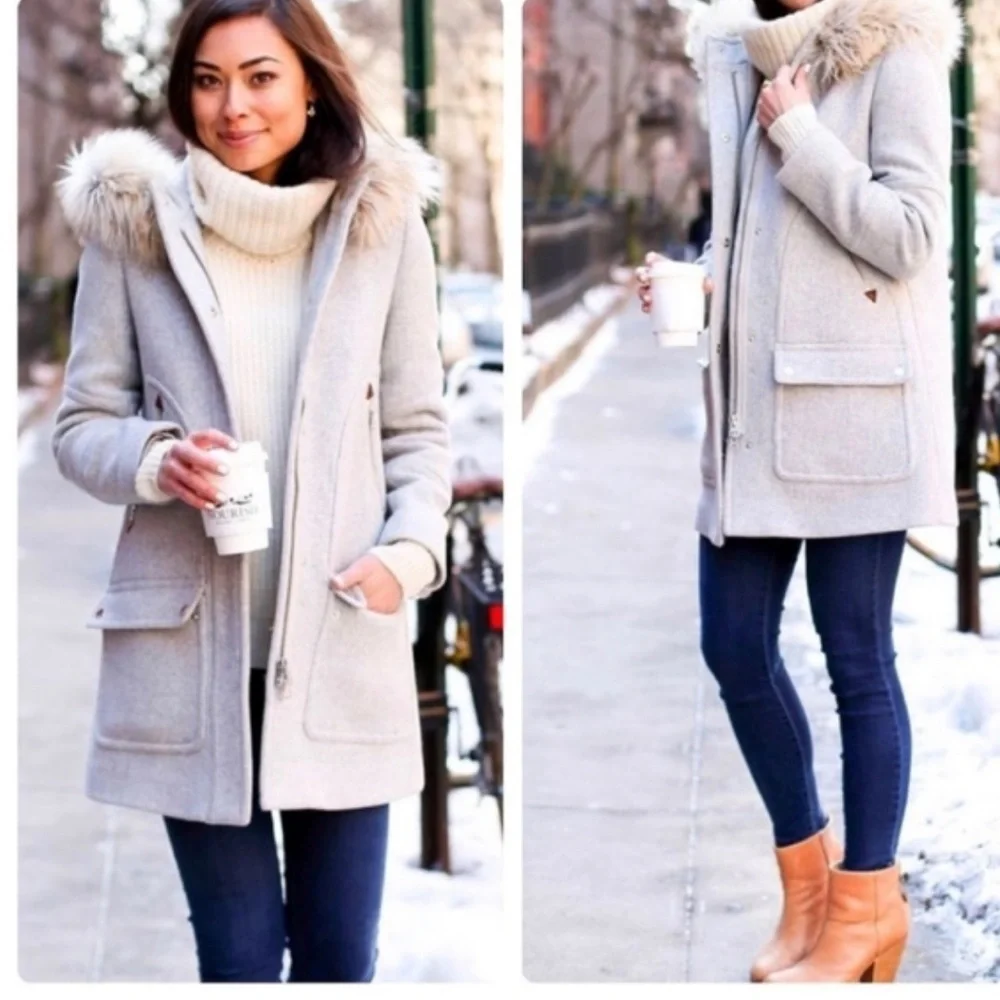 J.Crew stadium cloth wool jacket with faux fur hood size 00 - Picture 2 of 4